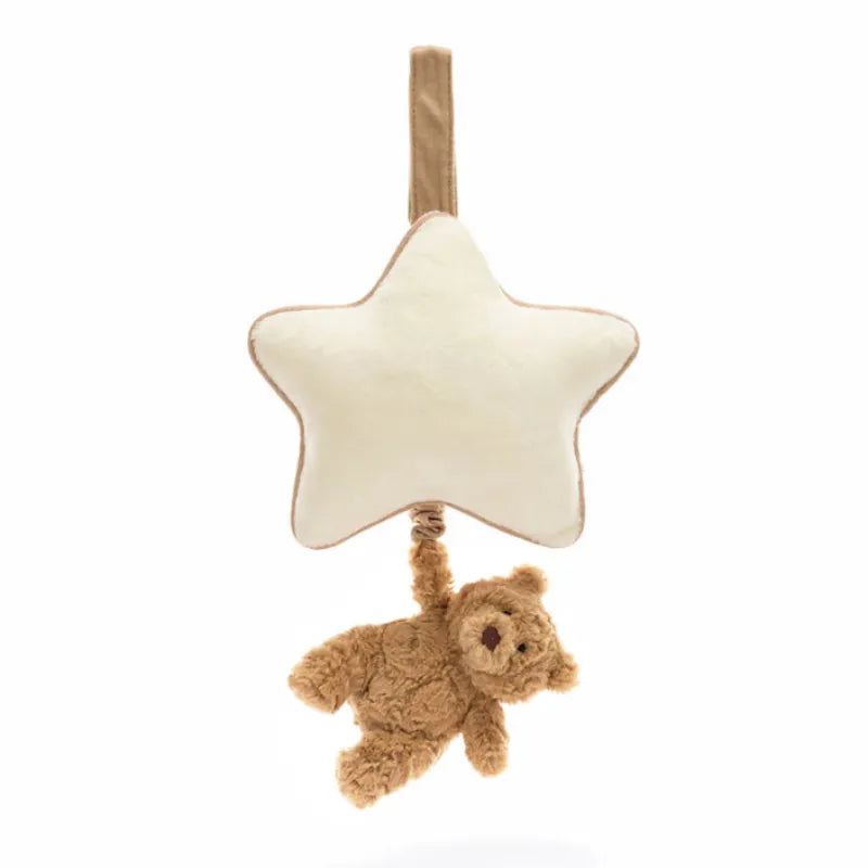 Jellycat Bartholomew Bear Musical Pull front view — cream plush star with caramel trim and hanging loop, honey brown Bartholomew Bear dangling below on pull cord