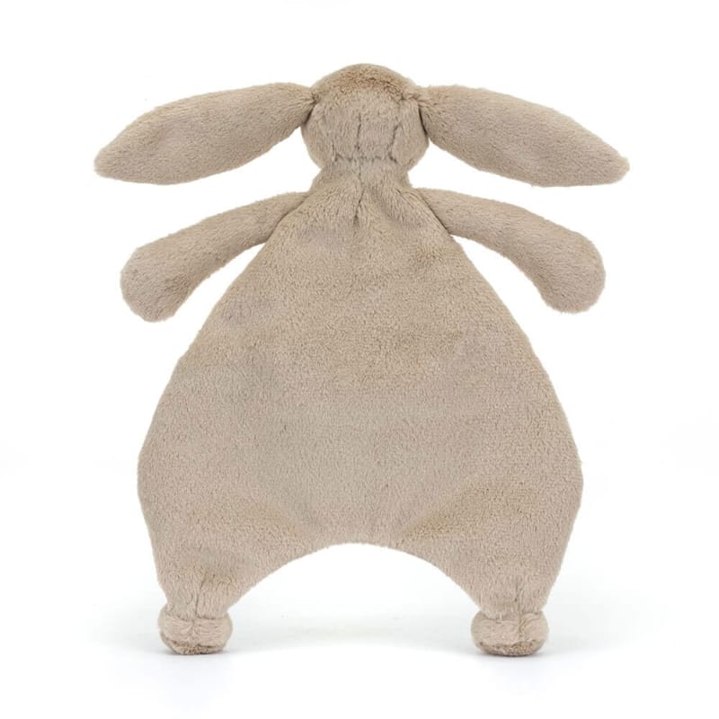 Jellycat Bashful Beige Bunny Comforter back view — beige plush bunny with long floppy ears, small paws and knotted corner feet on soft beige security blanket