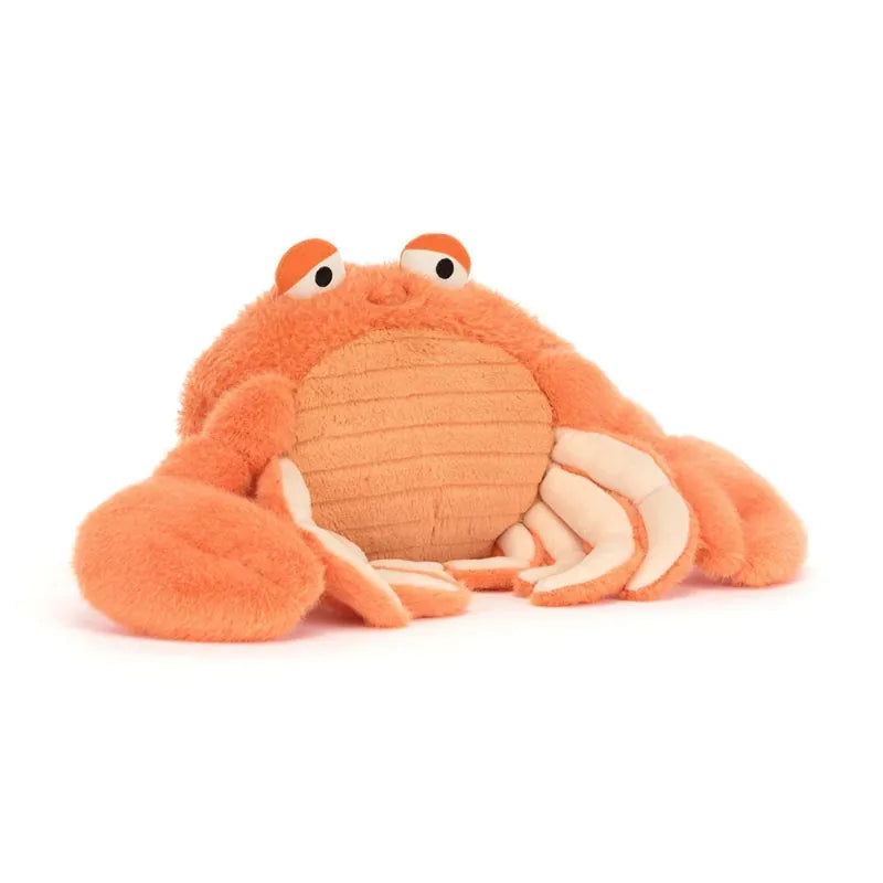 Jellycat Pinchsnap Crab angled front view — orange plush crab with embroidered smiling face, raised orange claws and textured bumpy shell body