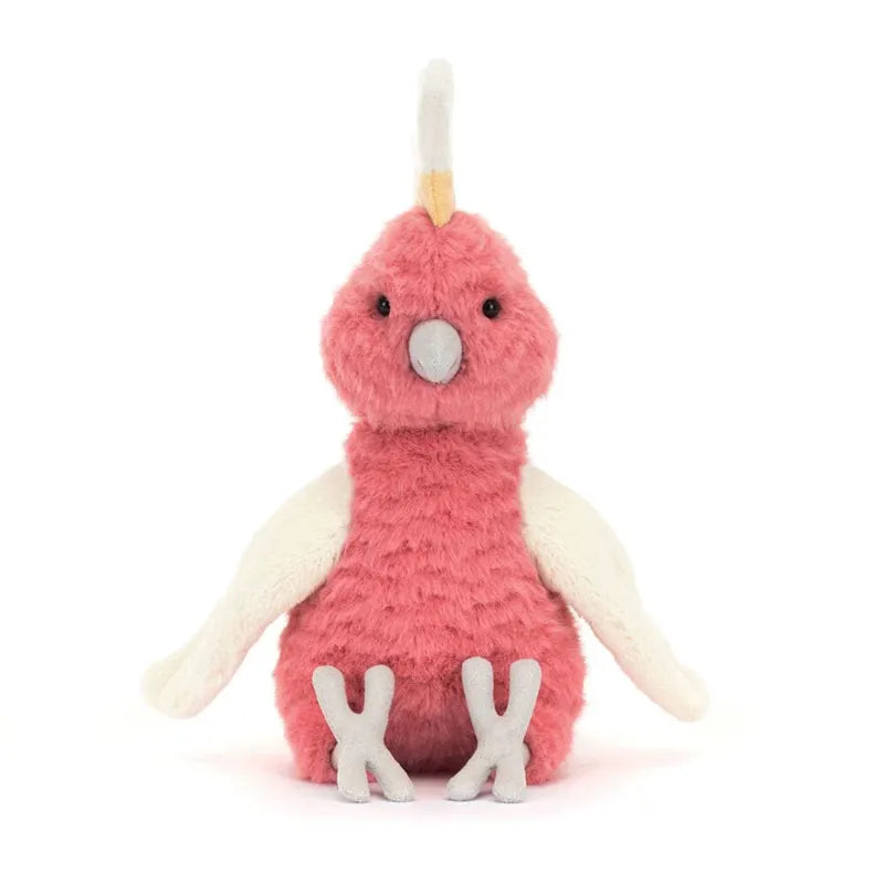 Jellycat Squawkatoo straight front view — coral pink plush cockatoo with single white crest feather, grey beak, cream wings and grey three-toed feet, showing full body