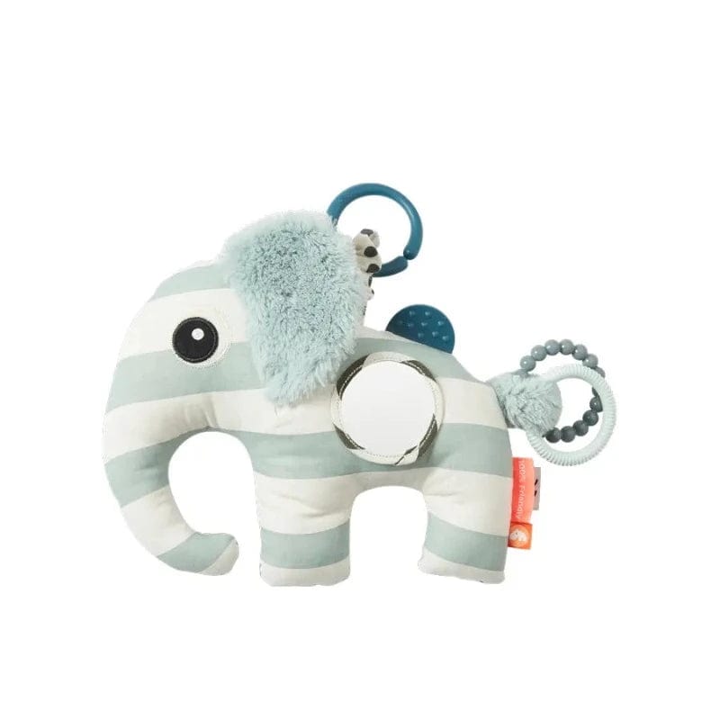 Grey and white Elphee elephant baby activity toy with a round mirror, textured ear and hanging rings