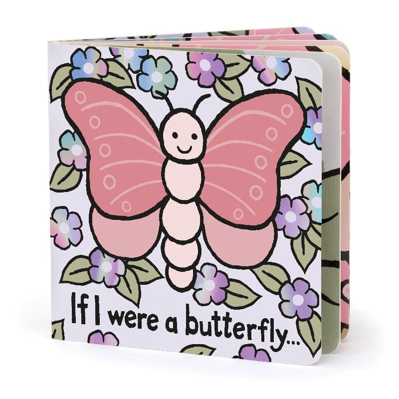 Jellycat If I Were a Butterfly Board Book angled view — square board book with illustrated pink butterfly, smiling face, purple flowers and green leaves on white cover, with 'If I were a butterfly...' title and colourful page edges visible