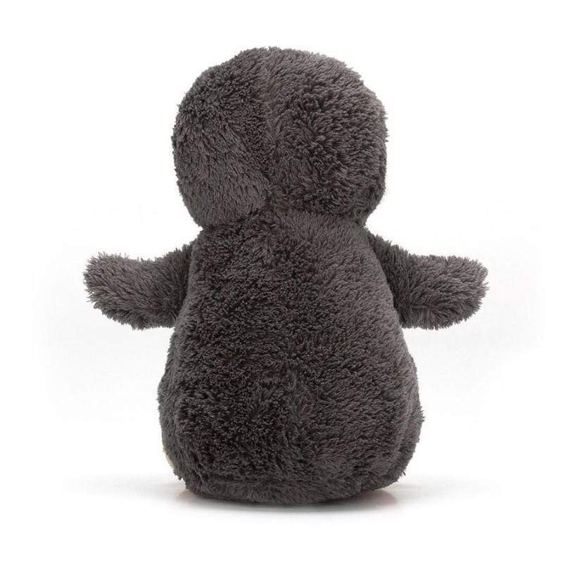 Jellycat Peanut Penguin Medium back view — dark charcoal plush penguin with fluffy textured fur, small flipper wings spread wide and rounded body, no face visible