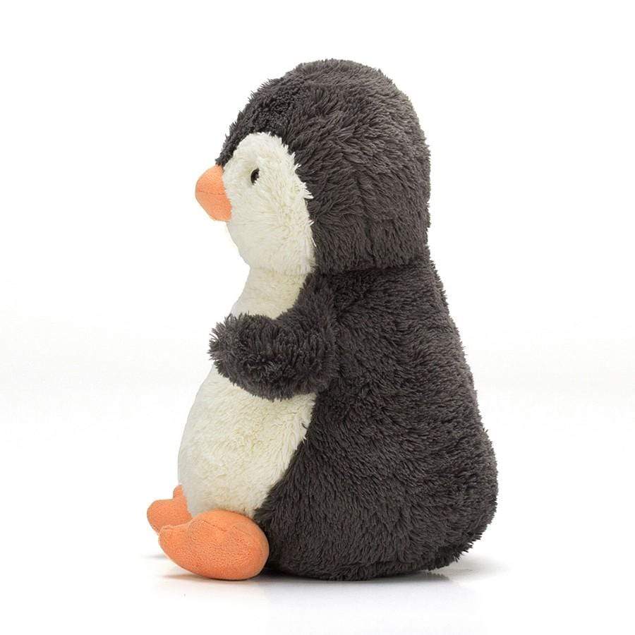 Jellycat Peanut Penguin Medium front view — dark charcoal and cream plush penguin with orange beak, black bead eyes, small flipper wings and orange webbed feet, sitting soft toy 24cm