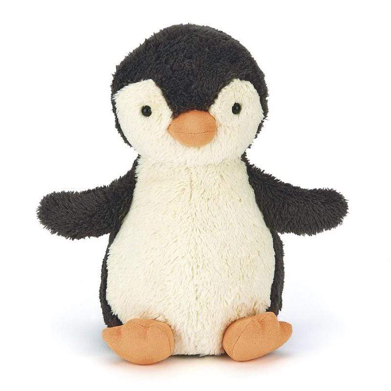 Jellycat Peanut Penguin Medium front view — dark charcoal and cream plush penguin with orange beak, black bead eyes, small flipper wings and orange webbed feet, sitting soft toy 24cm