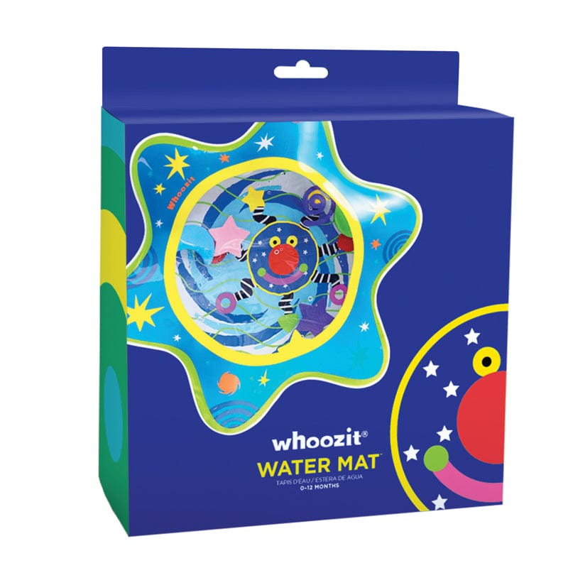 Manhattan Toy Whoozit water mat, blue star shape with green trim, floating foam stars and a smiling Whoozit face inside