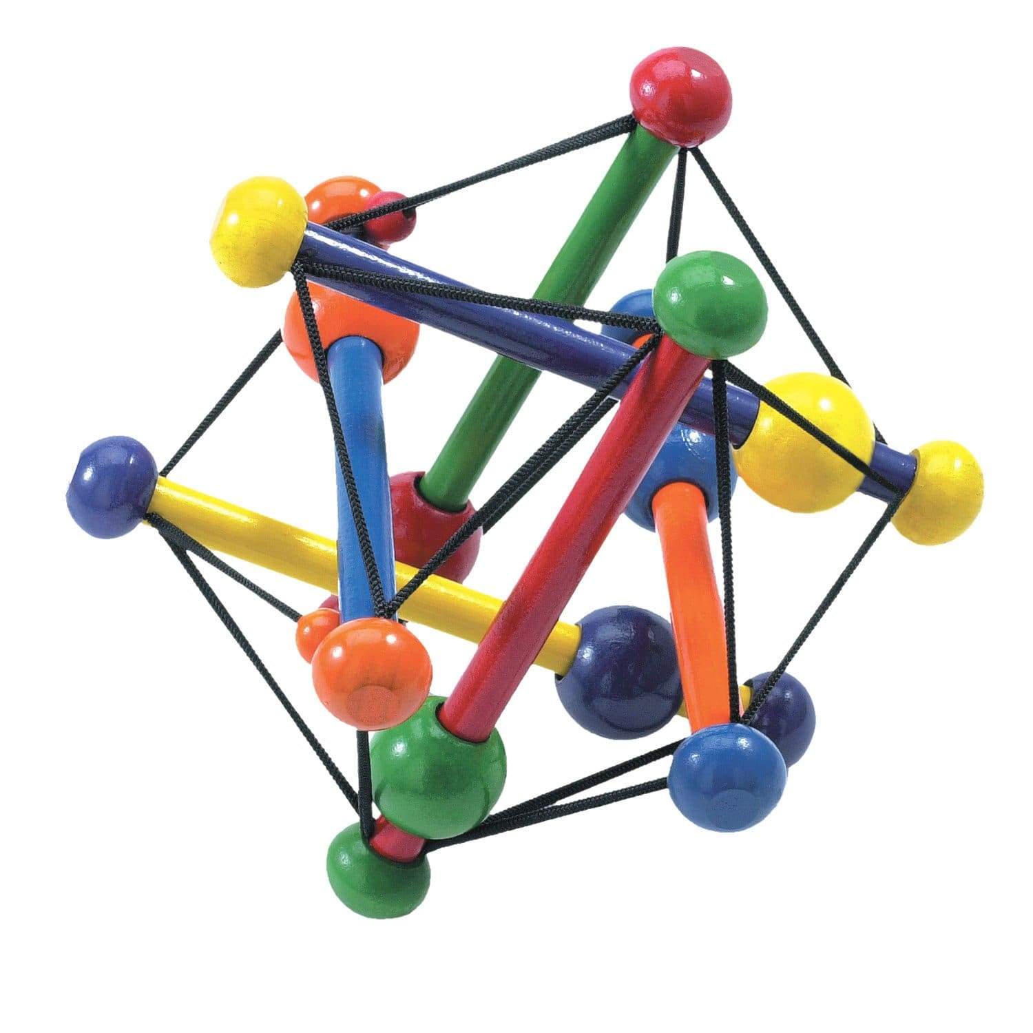 Manhattan Toy Skwish, a colourful wooden rattle and teether with rods and beads held together by elastic cords in a squishable shape