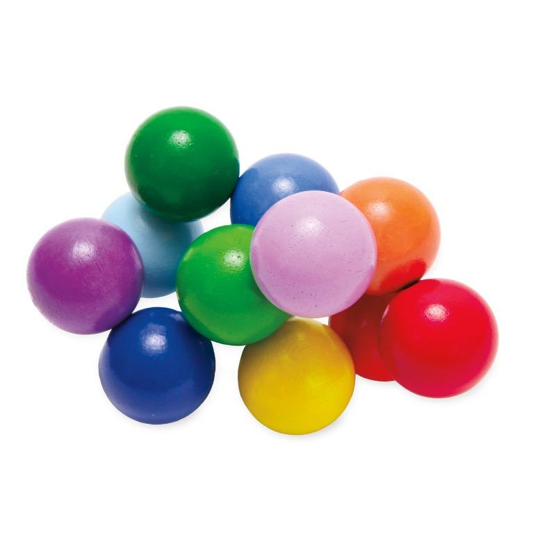 NBaby bead rattle toy made of bright rainbow balls in red, yellow, green, blue, purple, orange and pink, linked together in a twisting cluster