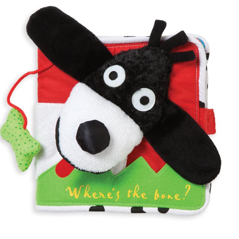 Where's the Bone? soft fabric baby book with a plush black and white puppy face cover, floppy ears and an attached green bone teether