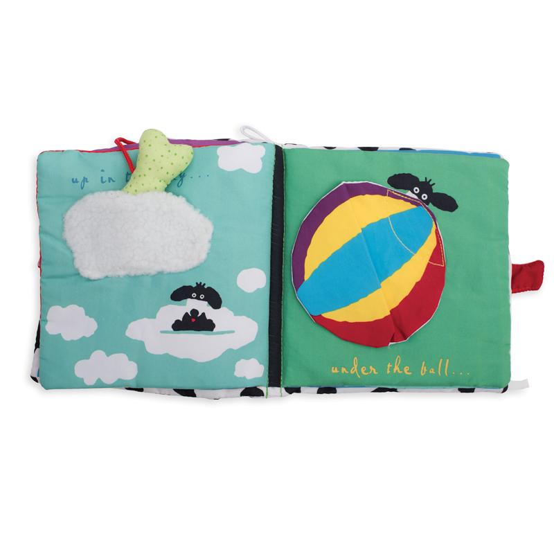 Inside pages of the Where's the Bone? soft book with an interactive fabric flap and a colourful striped ball illustration